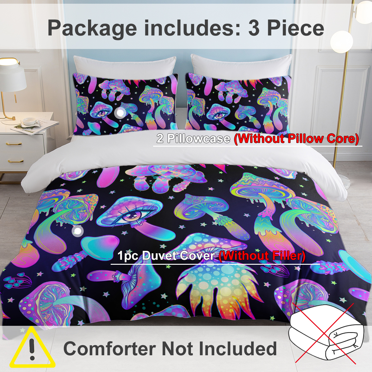 Fantasy Mushroom Bedding Set Predatory Dinosaur Ultra Soft Comforter Cover Set