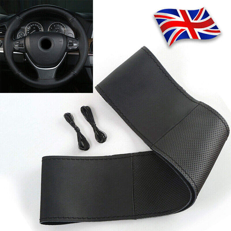 Black Leather 15'' Car Steering Wheel Cover Breathable Anti slip Auto Protection - Picture 1 of 10