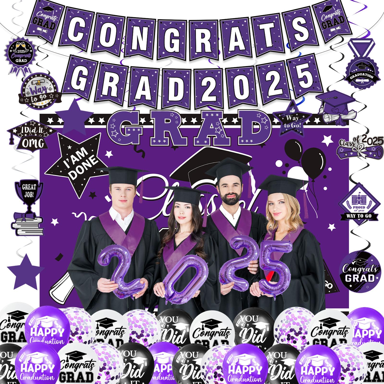 Purple Graduation Decorations Class 2025 Set Party Supplies Congrats Grad Banner - Picture 7 of 7